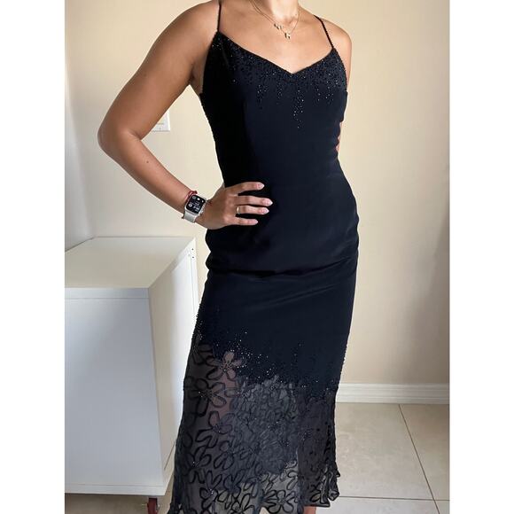 Cache Black Lace Beaded Crisscross Back Evening Formal Mermaid Dress Size 2 - Picture 14 of 15